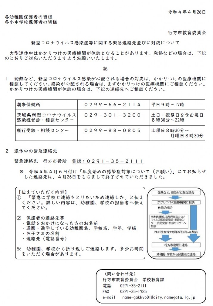 新型コロナウイルス感染症等に関する緊急連絡先並びに対応について