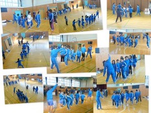 縄跳び大会みんなでジャンプ1 みんなでジャンプ、8の字跳び どの班も団結!気持ちを1つに!\