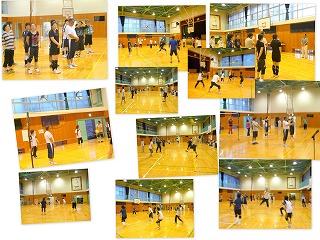 バレー大会\ みんなで いい汗を流しています。\