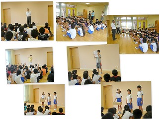 全校朝会\ 全校朝会の様子 委員会からのお知らせもありました。\