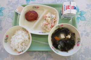 11月20日 ハンバーグトマトソースとポテトサラダ、みそ汁、ミニプリン