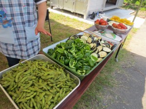 IMG_4434 これが取れた野菜です。「枝豆・ピーマン・なす・トマト・トウモロコシ」と豊作です。他のテーブルにもこれと同じものが三カ所もありました。\