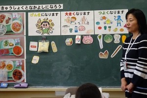 DSC02458 1年生が3校時,井坂先生の食育の指導を受けました。栄養を三つに仲間分けしたり,食事のマナーを教わったりしました。\